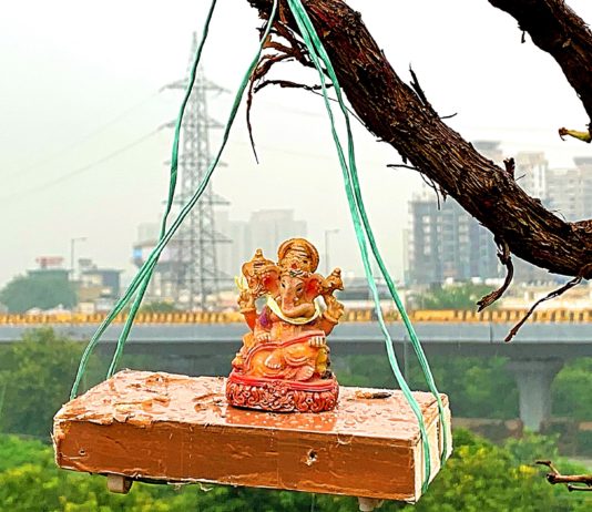 तस्वीर:छत पर अंगूर के पौधे में झूला और झूला पर बैठे महादेव-पुत्र प्रथमपूज्य और गाये कजरी: "शंकर चले वियाहन बूढ़े बैल सवरिया ......"
